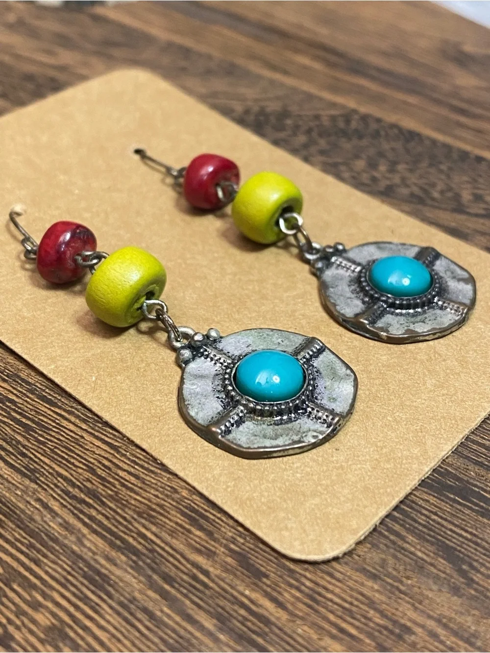 Boho Turquoise Medallion Drop Earrings with Red and Yellow Beads